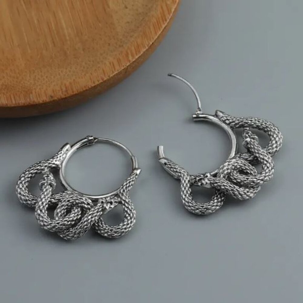 NEW Areanna Antique Silver Coiling Snake Hoop Earrings - Picture 4 of 7